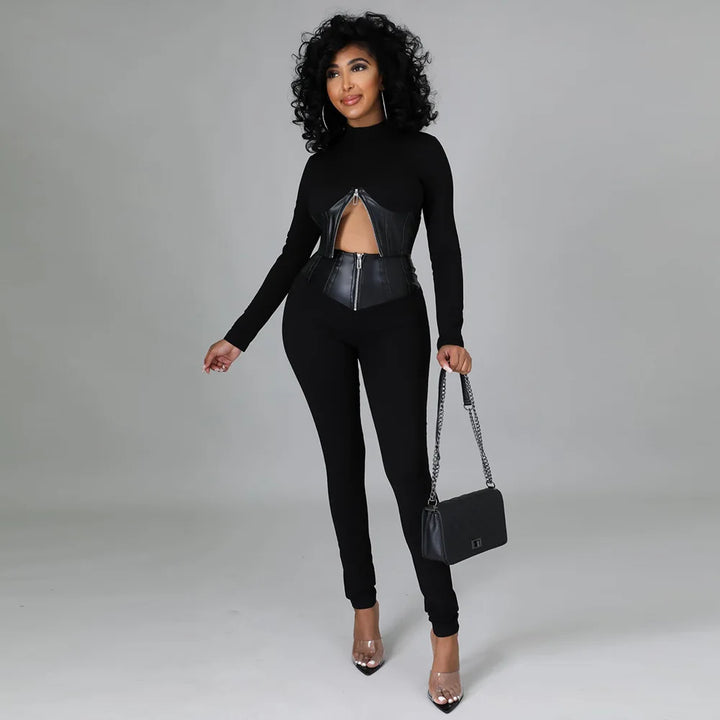 Drune | Zweiteiliges Set mit Kurzem Kunstleder-Korsett und High-Waist-Hose