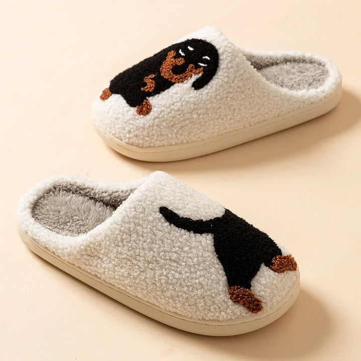 Drune | Damen Slipper Kleine Schwarze Hund Weiche Plüsch Hausschuhe