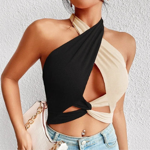 Drune | Frauen Sommer Tank Tops Sexy Patchwork Cross Halterneck Träger Loch Crop Tops Hoch Street Wear Neue Mode