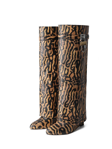 Drune | Damen Kniehoge Stiefel Shark Lock Lange Dicke Sohlen High Heels Stiefel Designer Luxusmarke Damen Lederstiefel