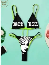 Drune | Sexy Goth Bikini Frauen Buchstaben Totenkopf Druck Badeanzug Split Badeanzug Hohe Taille Gotische Bikini Set Strandoutfits