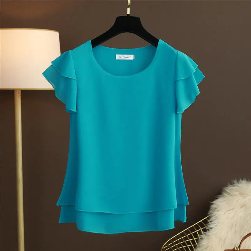 Drune | Chiffon Bluse mit O-Ausschnitt und Kurzen Ärmeln