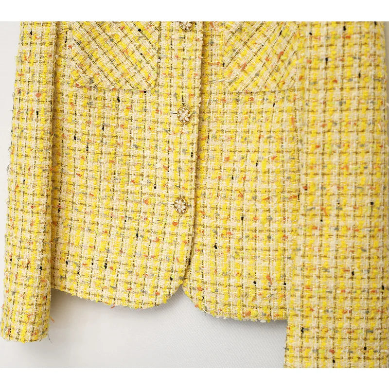 Drune | Gelber, Gewebter Tweed Luxusmantel Kleine Duftjacke