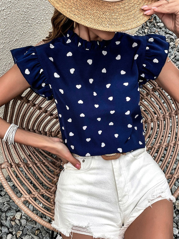 Drune Freizeitbluse | Sommerbluse mit kurzen Ärmeln und Herzdruck