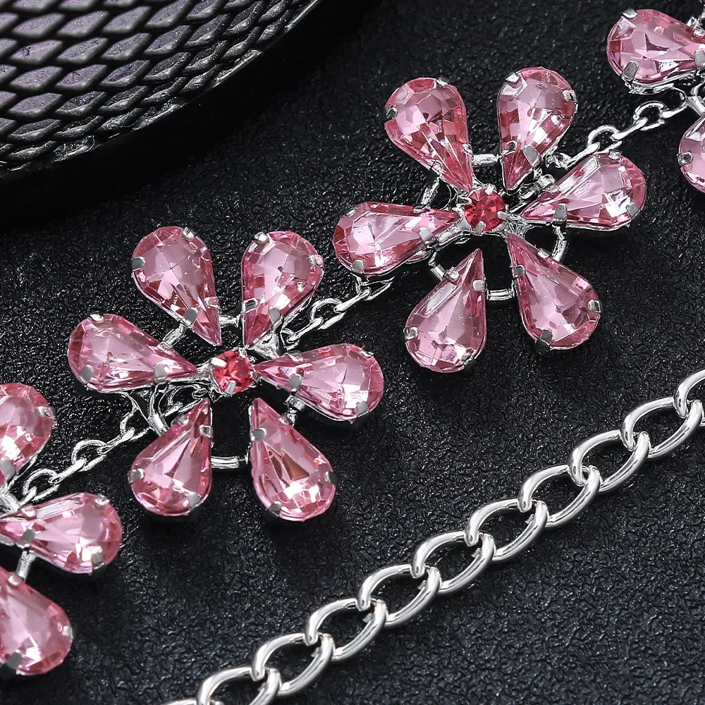 Drune | Mode Pink Crystal Flowers Choker Necklace Statement Accessories Mode Frauen Rhinestone Collar Necklace Schlüsselbein Schmuck Ins