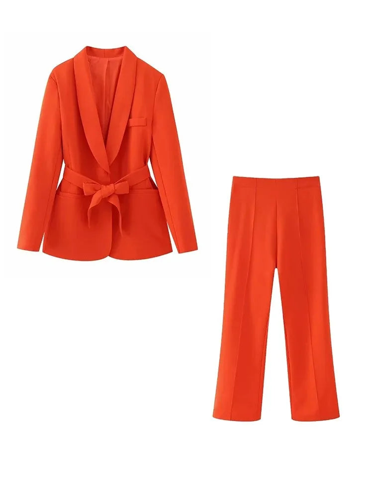 Drune | Damen Freizeit Blazer Schicke Oberbekleidung Elegante Schlaghosen Langarm V-ausschnitt Gürtel Büro Pendler Anzug Satz