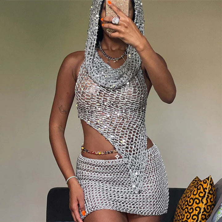 Drune | Strick Pailletten Kapuzen Cropped Top und Minirock Satz