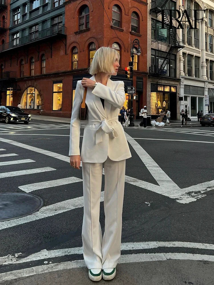 Drune | Damen Freizeit Blazer Schicke Oberbekleidung Elegante Schlaghosen Langarm V-ausschnitt Gürtel Büro Pendler Anzug Satz