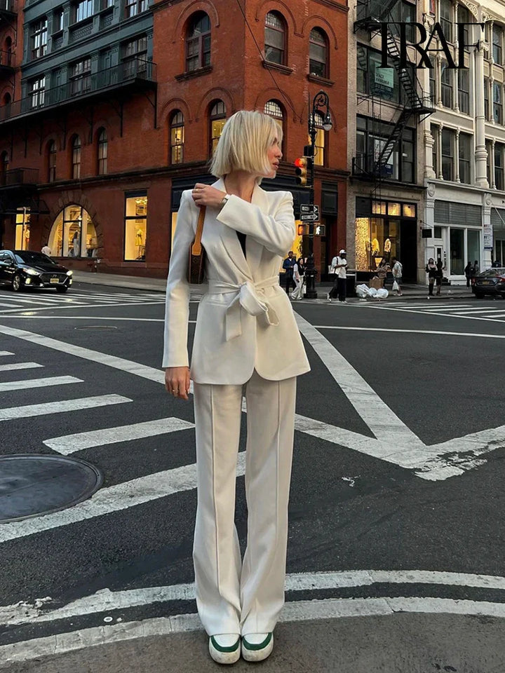 Drune | Damen Freizeit Blazer Schicke Oberbekleidung Elegante Schlaghosen Langarm V-ausschnitt Gürtel Büro Pendler Anzug Satz