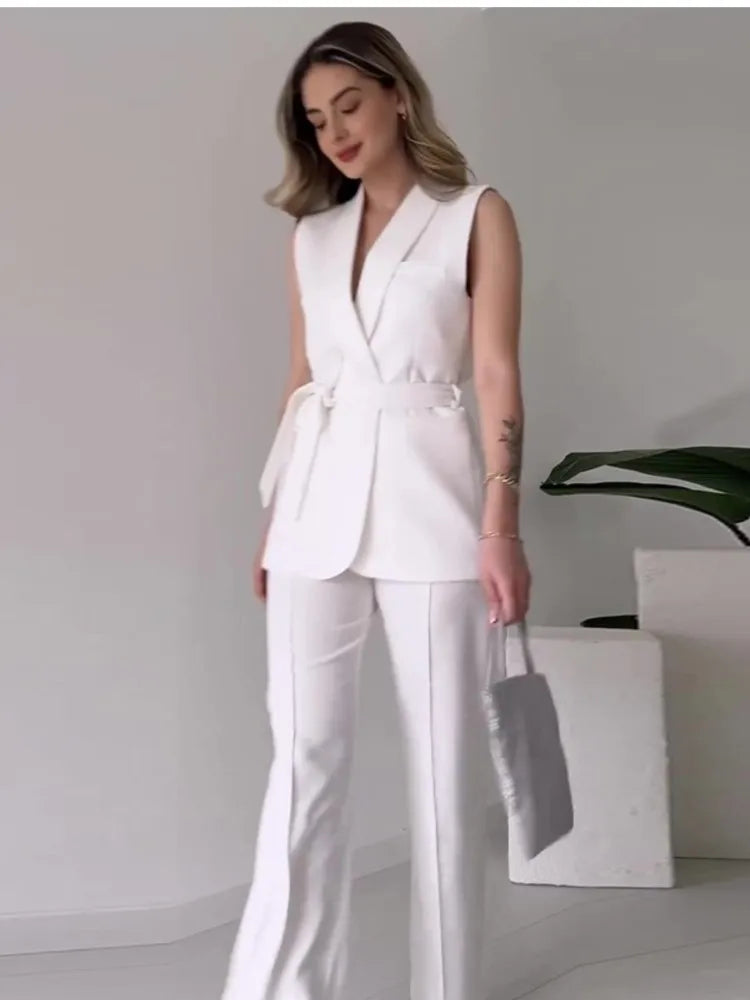 Drune | Ärmelloser Blazer-Anzug Taillierte Passform Wickel-V-Ausschnitt Weite Hose