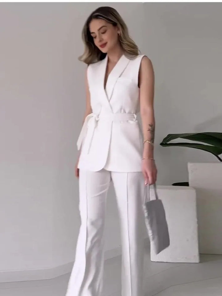 Drune | Ärmelloser Blazer-Anzug Taillierte Passform Wickel-V-Ausschnitt Weite Hose