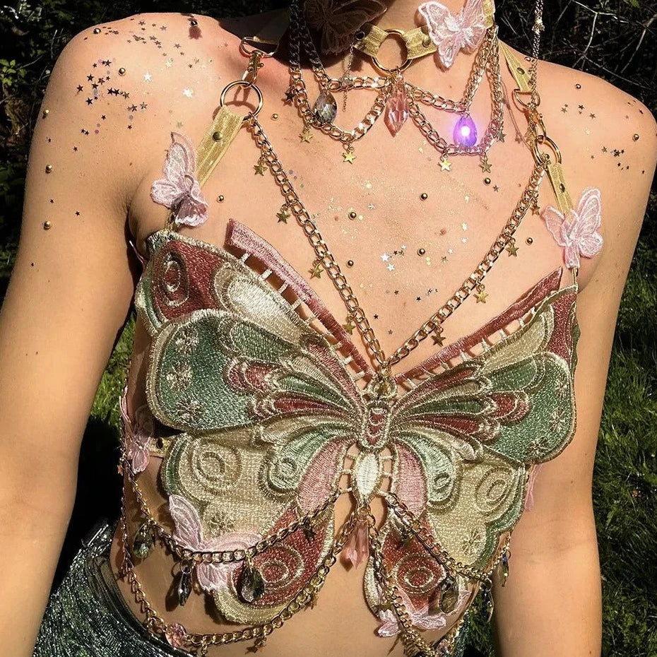 Drune | Besticktes Y2k Schmetterling Crop Top