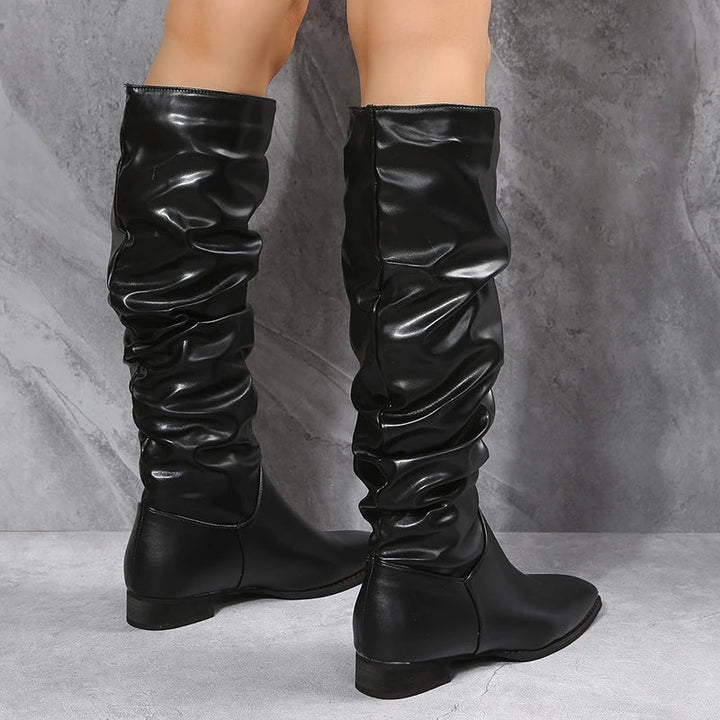 Drune | Knielange Punk-Stil Falten Pu-Leder Stiefel