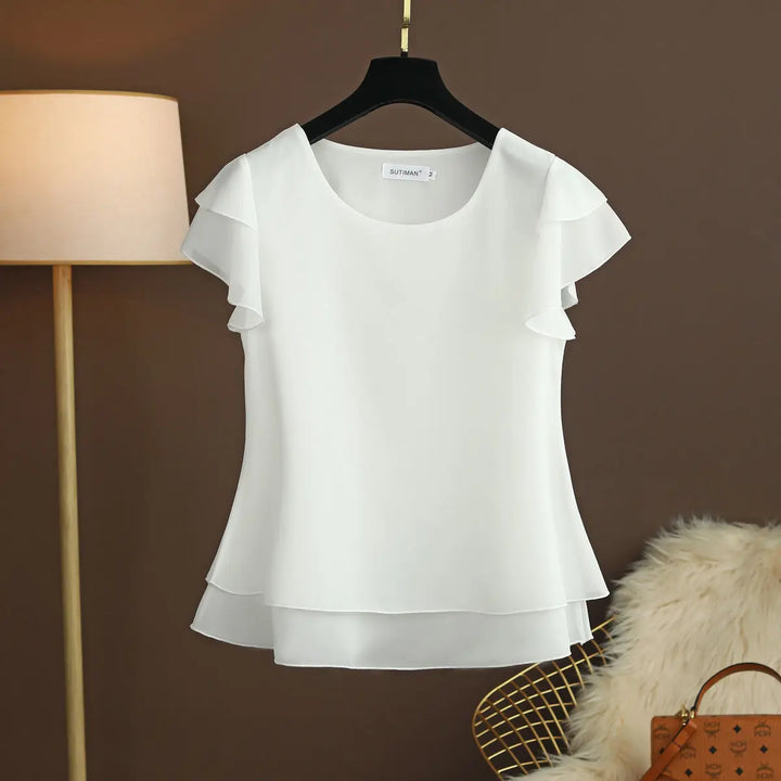Drune | Chiffon Bluse mit O-Ausschnitt und Kurzen Ärmeln