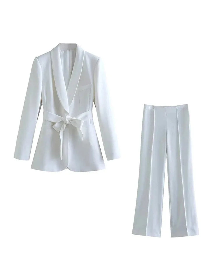 Drune | Damen Freizeit Blazer Schicke Oberbekleidung Elegante Schlaghosen Langarm V-ausschnitt Gürtel Büro Pendler Anzug Satz