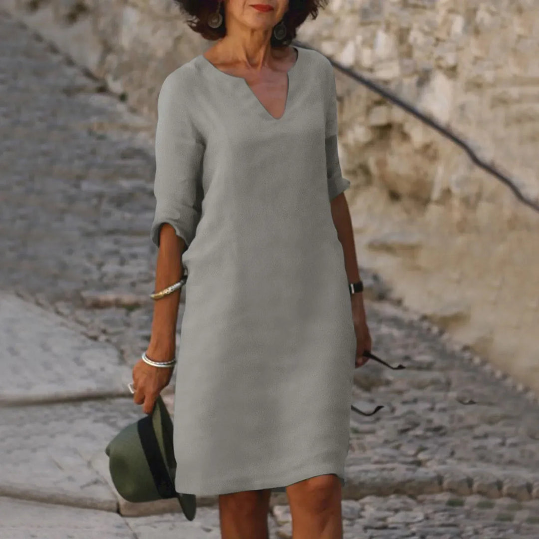 Drune | Damen Baumwoll Leinen V-Ausschnitt Kleid Mit Halben Ärmeln
