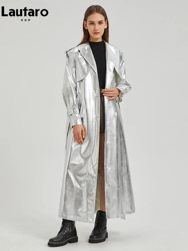 Drune | Lautaro Herbst Extra Lange Gold Glänzend Patent Pu Leder Trenchcoat für Frauen Einfache Schnalle Luxus Designer Übermantel