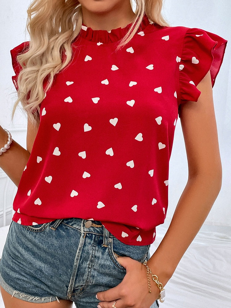 Drune Freizeitbluse | Sommerbluse mit kurzen Ärmeln und Herzdruck