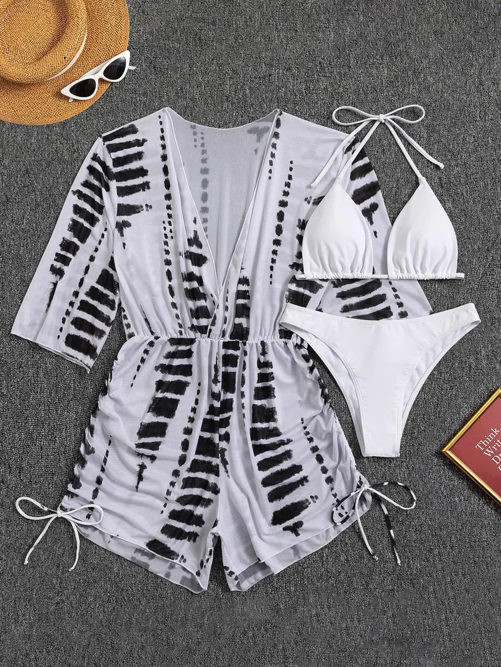 Drune | 3 Stück Bikini Tropischer Druck Badebekleidung Halter Schnürseite Badebekleidung Frauen Badeanzug Weiblich Schwimmen Sommer Strandbekleidung