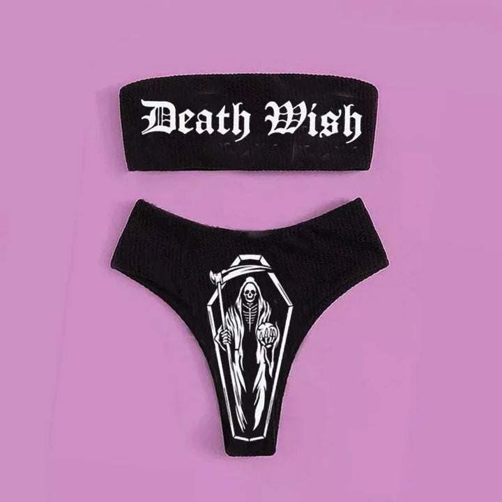Drune | Sexy Goth Bikini Frauen Buchstaben Totenkopf Druck Badeanzug Split Badeanzug Hohe Taille Gotische Bikini Set Strandoutfits