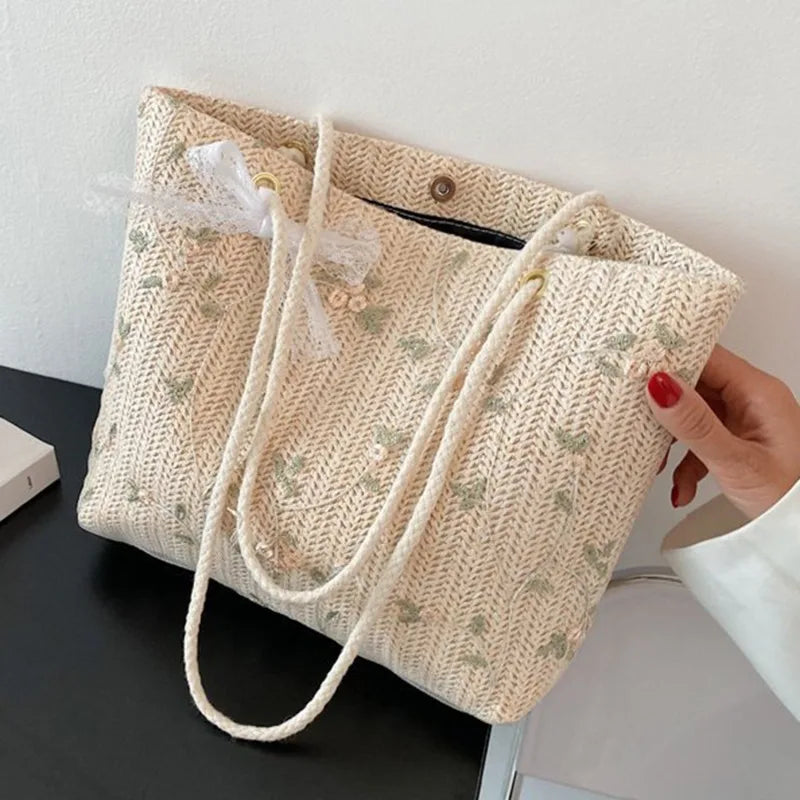 Drune Sommer Tasche | Moderne Damen-Midi-Handtasche mit Blumenprint und Spitzen-Schleife