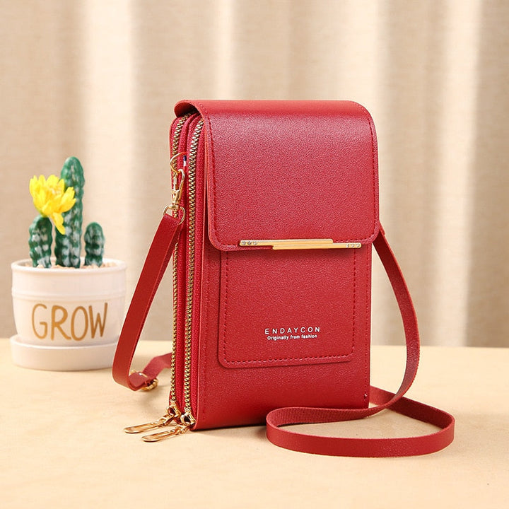 Drune | Leder Smartphone Clutch Damen Handtasche mit Touchscreen-Fenster