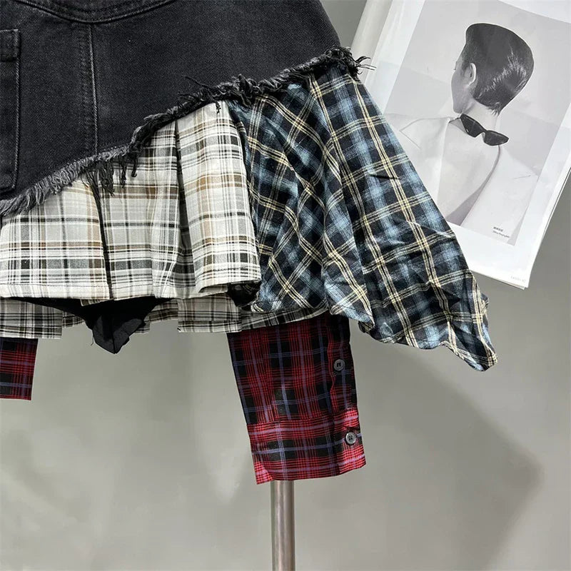 Drune | Jahrgang Unregelmäßig Patchwork Kariert Röcke Denim Kurz für Frauen Hohe Taille Eingewickelt Hüfte Mini Rock Sommer Weiblich