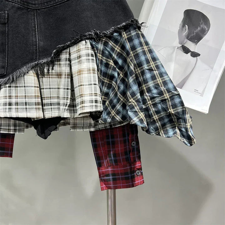 Drune | Jahrgang Unregelmäßig Patchwork Kariert Röcke Denim Kurz für Frauen Hohe Taille Eingewickelt Hüfte Mini Rock Sommer Weiblich