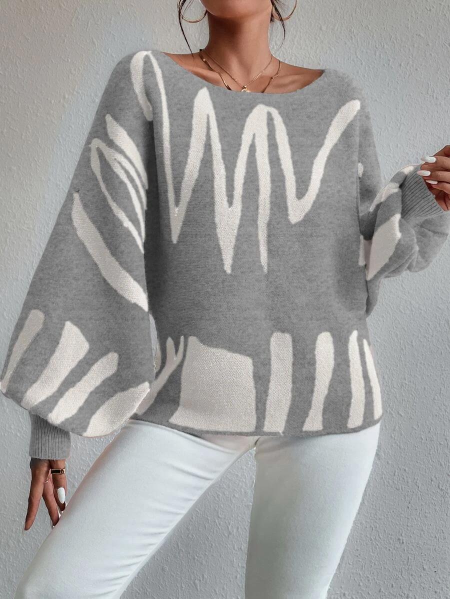 Drune Pullover | Hellgrauer schulterfreier Oversized-Pullover mit Puffärmeln