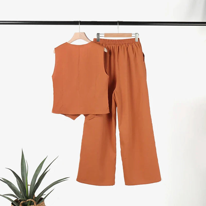 Drune Modern Set | Eleganter ärmelloser V-Ausschnitt-Top und weit geschnittene Hosen Damenanzug
