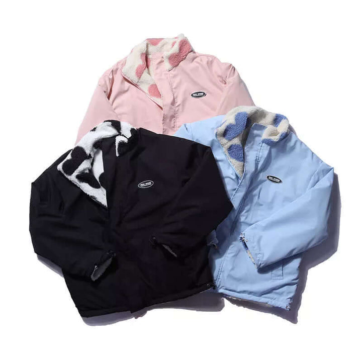 Drune | Wendbarer Herz-Druckmantel mit plüschigem Fleece-Futter