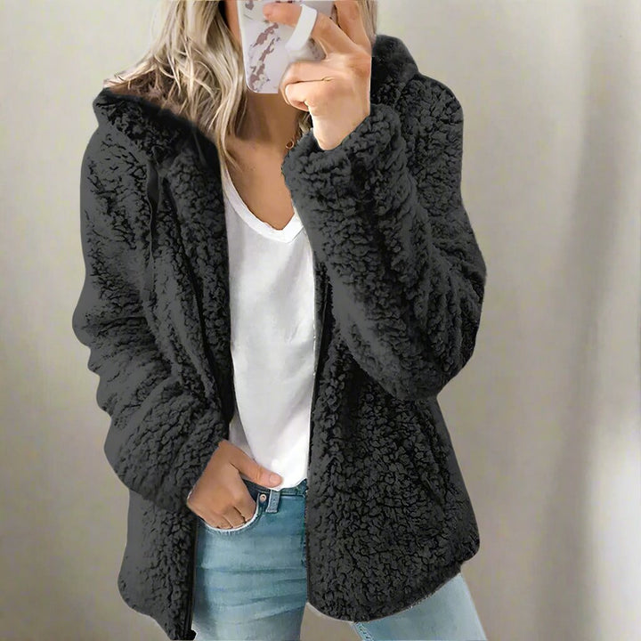 Drune | Teddy-Fleecejacke mit Kapuze Damen - weiche Winterjacke mit Reißverschluss