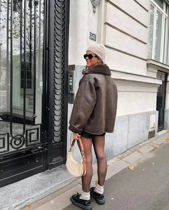Drune | Leder Winterjacke mit Plüschfutter und Weitem Kragen