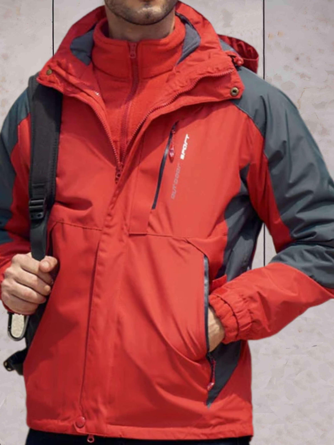 Drune | Wind- und wasserdichte Wanderjacke mit Kapuze, Taschen und doppeltem Reißverschluss und Knopfverschluss