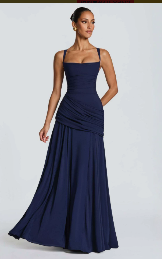 Damen figurbetontes Abendkleid mit Zierfalten und schmalen Trägern Drune