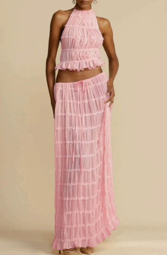 Damen Elegantes und verspieltes Zweiteiliges Sommerkleid mit gerafftem Oberteil und fließendem Rock Drune