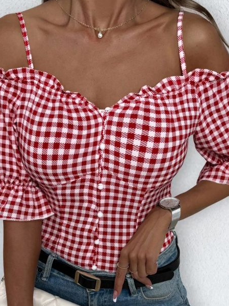 Damen Off-Shoulder Bluse mit Rüschendetails und Karomuster Drune