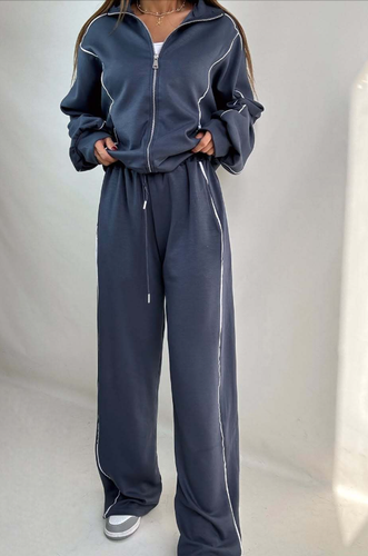 Damen sportliches Trainingsset mit stylischem Reißverschluss und modernem Streifenmuster Drune