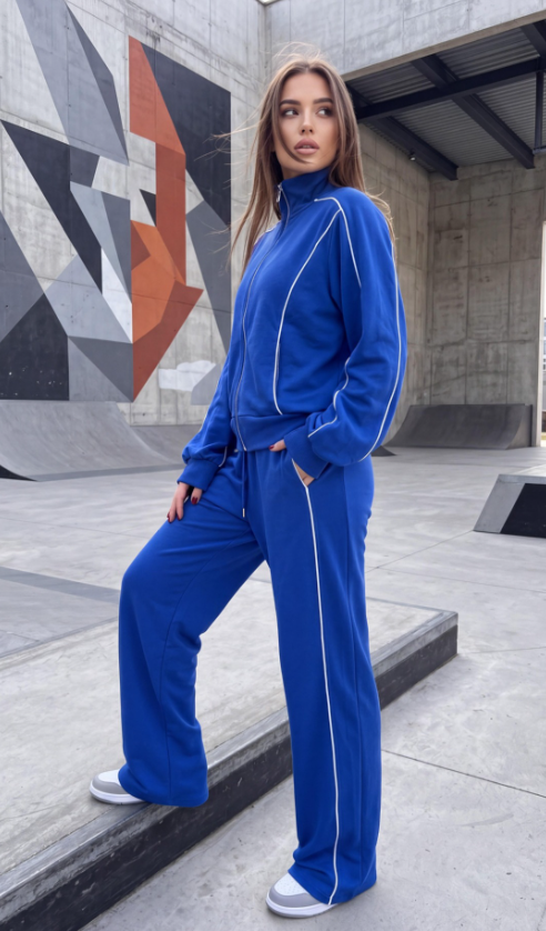 Damen sportliches Trainingsset mit stylischem Reißverschluss und modernem Streifenmuster Drune