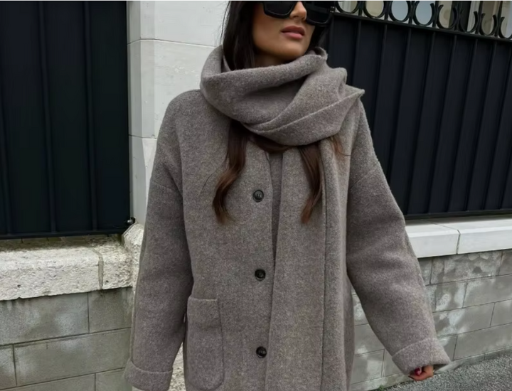 Drune | Bequeme Damen-Cardigan mit Eingebautem Schal