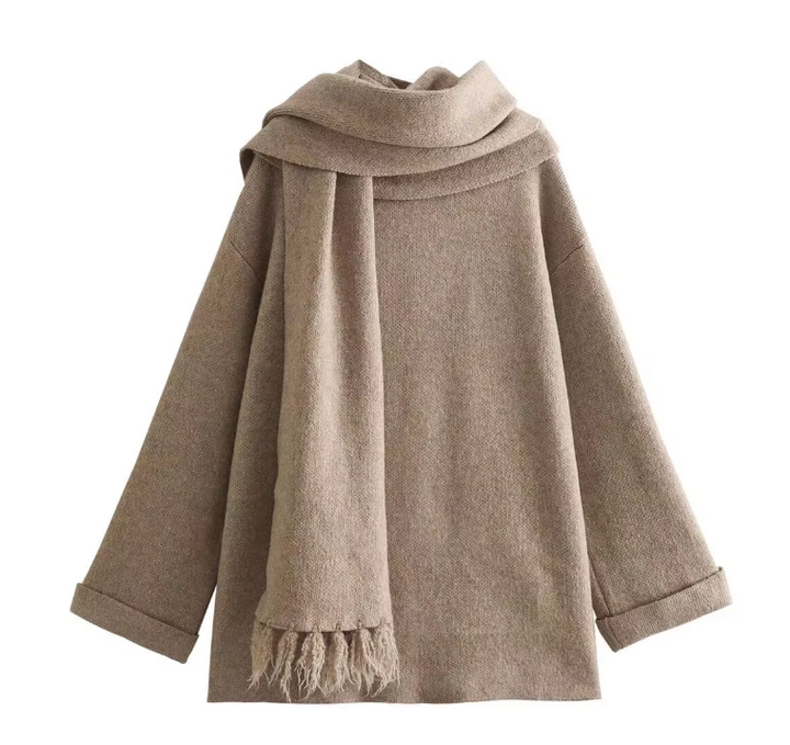 Drune | Bequeme Damen-Cardigan mit Eingebautem Schal