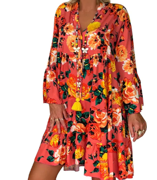 Drune | Floral Print Boho Kleid mit Kurzen Ärmeln