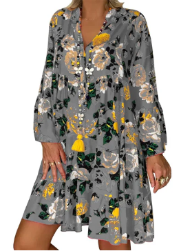 Drune | Floral Print Boho Kleid mit Kurzen Ärmeln