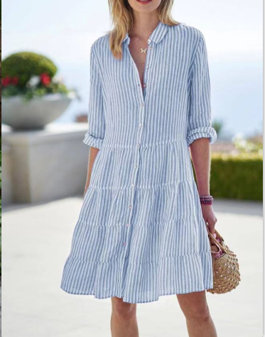 Damen karierte Midi-Bluse mit Knopfleiste und ausgestelltem Rock Drune