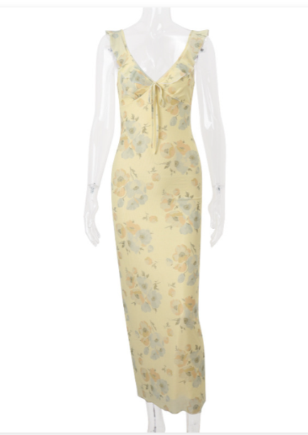 Damen Maxikleid mit zartem Blumenmuster und femininem Rüschendesign Drune