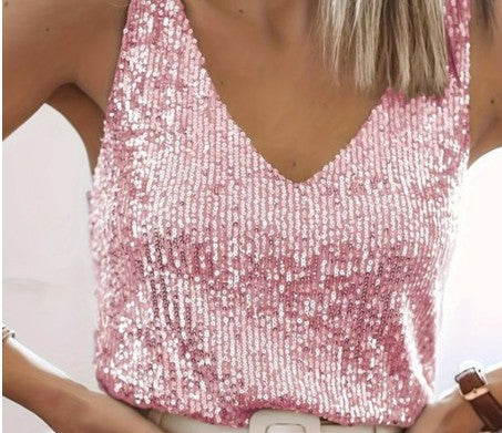 Drune | Damen Glitter Pailletten V-Ausschnitt Top Ärmelloses Shirt Top Für Frauen