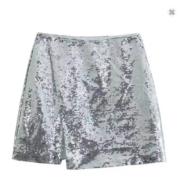 Drune | Pailletten Shorts Hohe Taille Oring Reißverschluss Front Bodycon