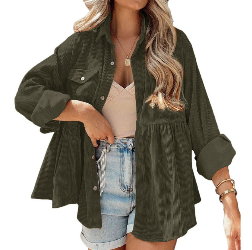 Damen Oversized Hemd aus Rippstoff mit Brusttaschen und schickem Kragen Drune