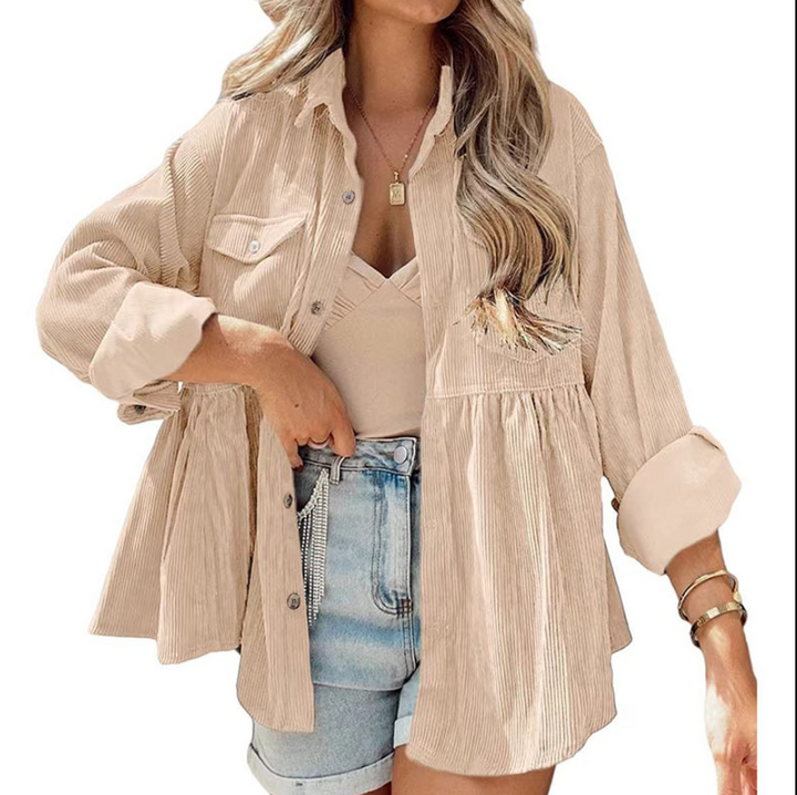 Damen Oversized Hemd aus Rippstoff mit Brusttaschen und schickem Kragen Drune