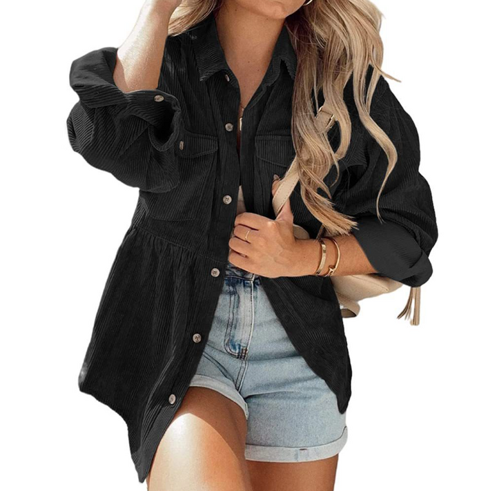 Damen Oversized Hemd aus Rippstoff mit Brusttaschen und schickem Kragen Drune